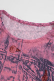 Pink Sexy Print Patchwork O Neck Long Sleeve Two Pieces