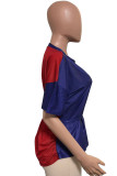 Blue Red Casual Solid Bandage Patchwork Asymmetrical O Neck T-Shirts