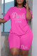 Pink Fashion Casual Letter Hot Drilling Patchwork O Neck Short Sleeve Plus Size Two Pieces