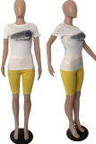 Rose Red Casual Print Letter O Neck Short Sleeve Two Pieces