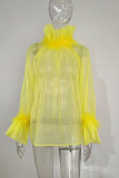 Yellow Sexy Solid Patchwork See-through Feathers Turtleneck Tops