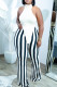 White Fashion Sexy Striped Print Backless Asymmetrical Half A Turtleneck Plus Size Two Pieces