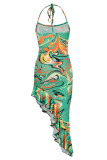 Green Fashion Sexy Print Bandage Backless Spaghetti Strap Irregular Dress
