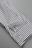 White Fashion Casual Striped Print Patchwork Turndown Collar Tops
