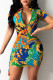 Green Fashion Casual Print Patchwork Zipper Collar Short Sleeve Dress