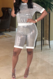 Silver Gray Casual Patchwork Sequins O Neck Short Sleeve Two Pieces