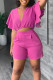 Rose Red Casual Solid Patchwork Flounce V Neck Short Sleeve Two Pieces