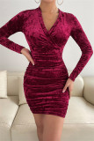 Ink Green Fashion Sexy Solid Patchwork Fold V Neck Long Sleeve Dresses