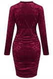 Ink Green Fashion Sexy Solid Patchwork Fold V Neck Long Sleeve Dresses