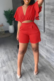 Rose Red Casual Solid Patchwork Flounce V Neck Short Sleeve Two Pieces