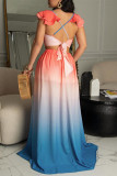Pink Fashion Sexy Gradual Change Print Bandage Backless Slit V Neck Long Dress Dresses