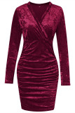 Ink Green Fashion Sexy Solid Patchwork Fold V Neck Long Sleeve Dresses