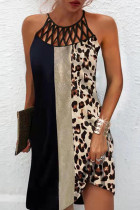 Leopard Print Casual Print Hollowed Out Patchwork O Neck A Line Dresses