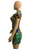 Green Fashion Casual Print Patchwork Zipper Collar Short Sleeve Dress
