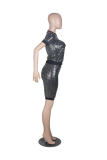 Silver Gray Casual Patchwork Sequins O Neck Short Sleeve Two Pieces