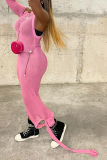 Pink Sexy Solid Hollowed Out See-through O Neck Pencil Skirt Dresses