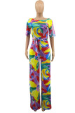 Colour Casual Print Bandage Patchwork O Neck Straight Jumpsuits