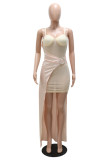 Apricot Sexy Patchwork Hot Drilling Backless Asymmetrical Spaghetti Strap Wrapped Skirt Dresses