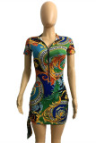 Green Fashion Casual Print Patchwork Zipper Collar Short Sleeve Dress