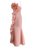 Pink Fashion Sexy Solid Patchwork Backless Spaghetti Strap Evening Dress