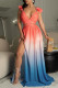 Pink Fashion Sexy Gradual Change Print Bandage Backless Slit V Neck Long Dress Dresses