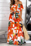 White Fashion Sexy Print Patchwork Backless Off the Shoulder Long Dress Dresses