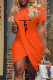 Orange Fashion Casual Print Patchwork Asymmetrical O Neck Short Sleeve Dress