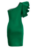 Red Fashion Sexy Solid Patchwork Backless Oblique Collar Evening Dress