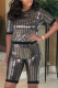 Silver Gray Casual Patchwork Sequins O Neck Short Sleeve Two Pieces