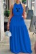 Blue Fashion Sexy Print Backless Halter A Line Dresses