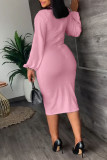 Pink Casual Solid Patchwork O Neck One Step Skirt Dresses