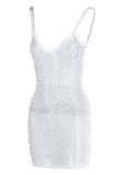 White Fashion Sexy Patchwork See-through Backless Beading V Neck Sling Dress Dresses