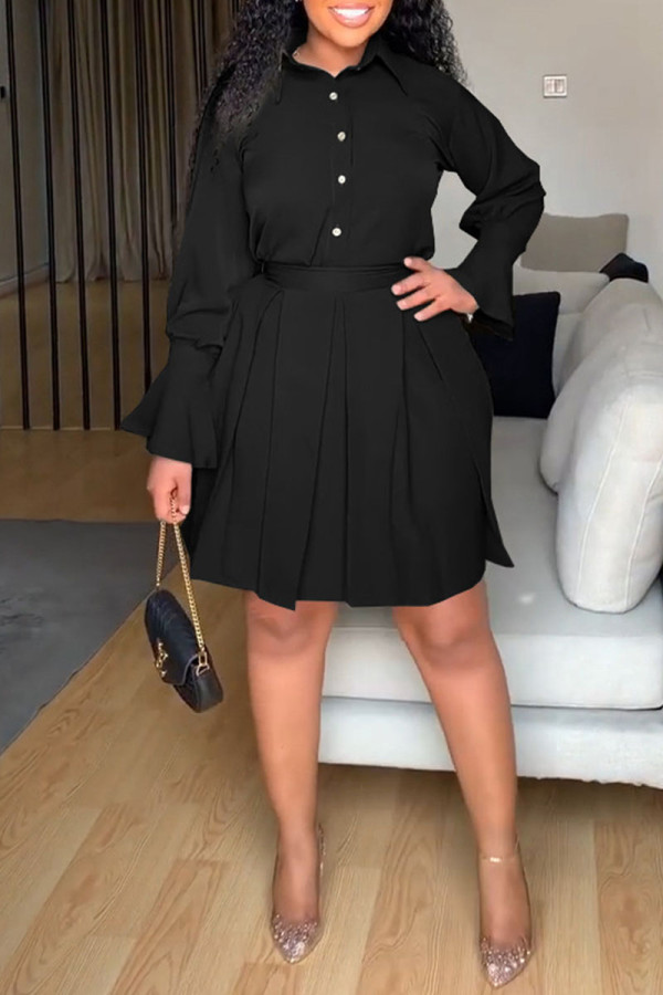 Black Casual Solid Patchwork Buckle Fold Turndown Collar Shirt Dress Dresses(Contain The Belt)