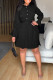 Black Casual Solid Patchwork Buckle Fold Turndown Collar Shirt Dress Dresses(Contain The Belt)