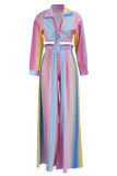 Rainbow Color Fashion Casual Print Bandage Turndown Collar Long Sleeve Two Pieces