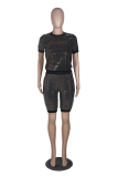Silver Gray Casual Patchwork Sequins O Neck Short Sleeve Two Pieces