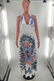 White Fashion Sexy Print Bandage Backless Halter Sleeveless Dress