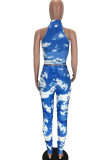 Blue Fashion Sexy adult Ma'am Print Tie Dye Zippered Two Piece Suits pencil Sleeveless Two Pieces