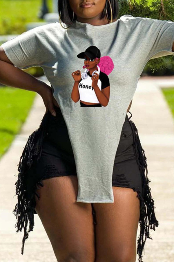 Grey Fashion Casual Print Patchwork Asymmetrical O Neck T-Shirts