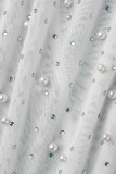 White Fashion Sexy Patchwork See-through Backless Beading V Neck Sling Dress Dresses
