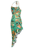 Green Fashion Sexy Print Bandage Backless Spaghetti Strap Irregular Dress