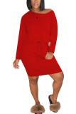 Red Fashion Casual adult Ma'am Cap Sleeve Long Sleeves O neck Straight Knee-Length Striped Dresses