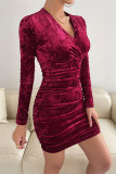 Ink Green Fashion Sexy Solid Patchwork Fold V Neck Long Sleeve Dresses
