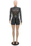 Black Fashion Sexy Patchwork See-through Turtleneck Skinny Romper
