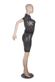 Silver Gray Casual Patchwork Sequins O Neck Short Sleeve Two Pieces