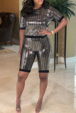 Silver Gray Casual Patchwork Sequins O Neck Short Sleeve Two Pieces
