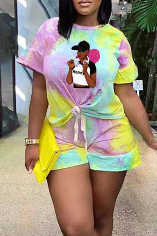 Colour Casual Print Patchwork O Neck Half Sleeve Two Pieces