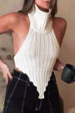 Apricot Sexy Solid Patchwork Backless Asymmetrical Turtleneck Tops