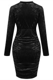 Ink Green Fashion Sexy Solid Patchwork Fold V Neck Long Sleeve Dresses