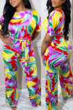 Colour Casual Print Bandage Patchwork O Neck Straight Jumpsuits